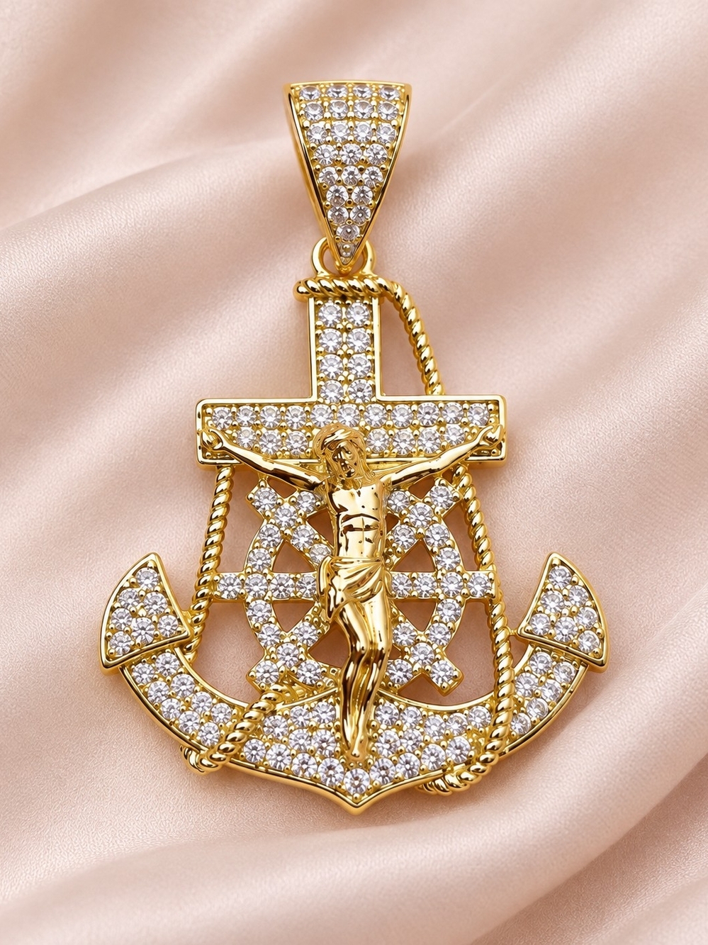 14k. Laminated Gold Anchor Cross Pendant with Pavé Crystals - Women's Jewelry